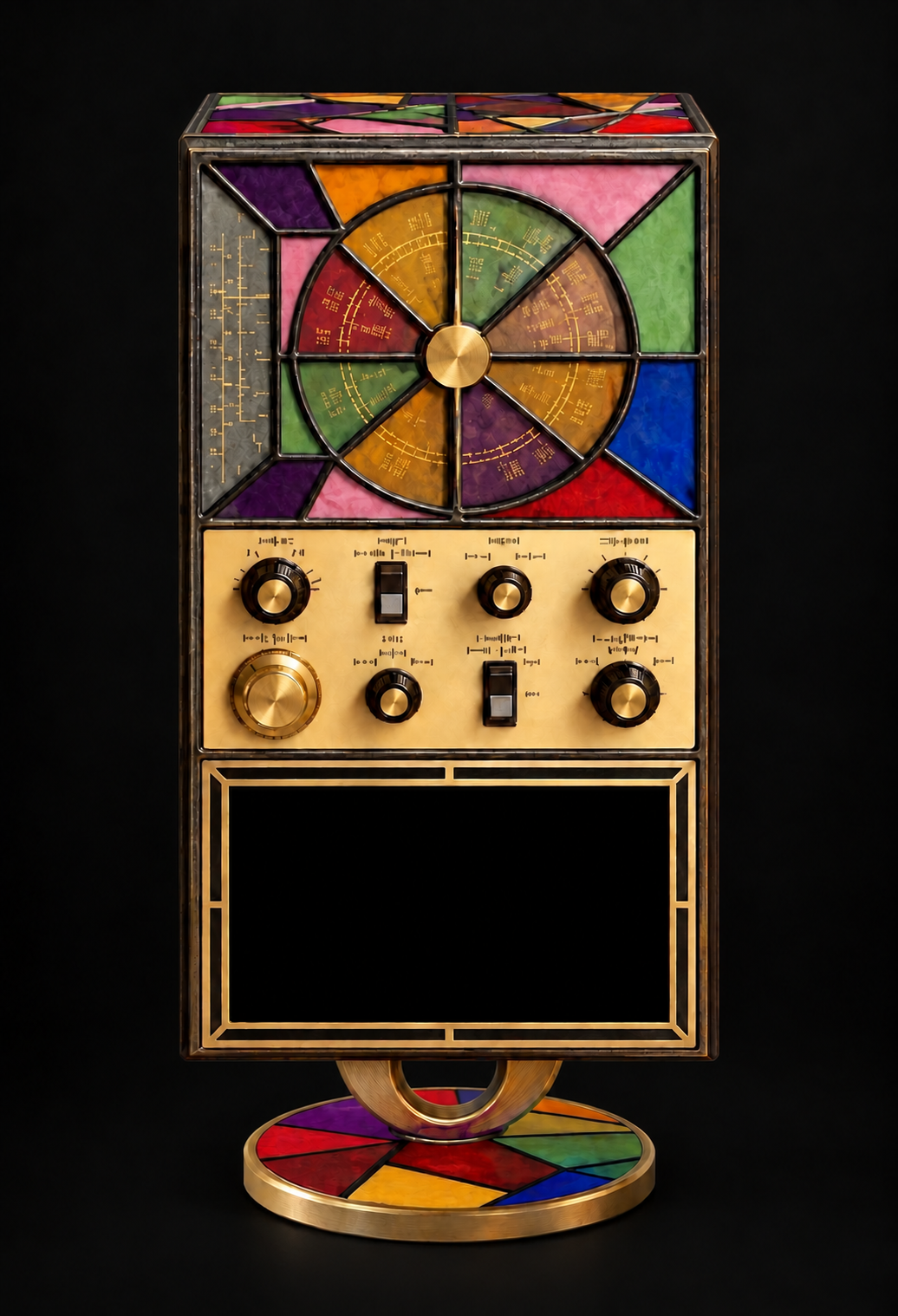 Frontal art radio with video screen on a black background